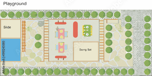 Aerial view of a colorful children s playground with various play structures