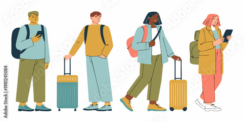 Four diverse people with luggage seemingly traveling or commuting