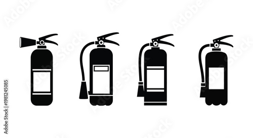 Four black fire extinguishers depicted in a simple graphic silhouette