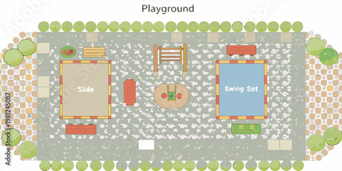 Aerial view of a colorful playground with various play structures