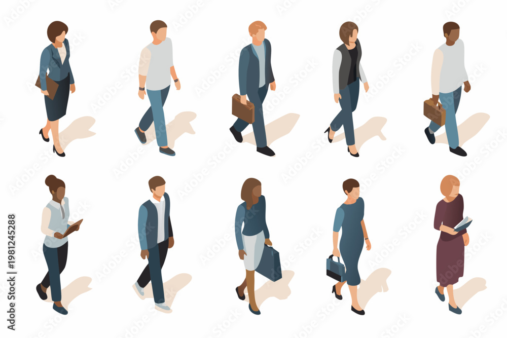 Fototapeta premium Isometric illustration depicting a diverse group of people walking forward
