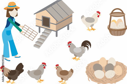 A farmer tending to chickens a coop and fresh eggs in a farm scene