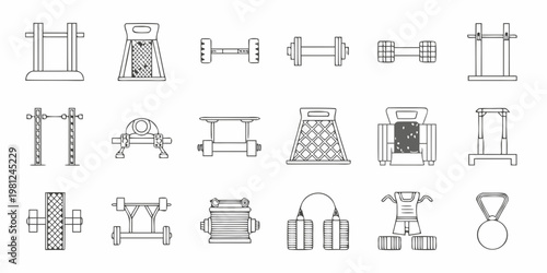 Collection of black and white line art illustrations of gym equipment