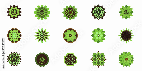 A collection of vibrant stylized succulent rosette illustrations in green hues