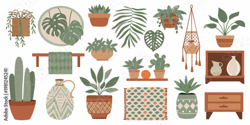 A curated collection of houseplants planters and botanical home decor