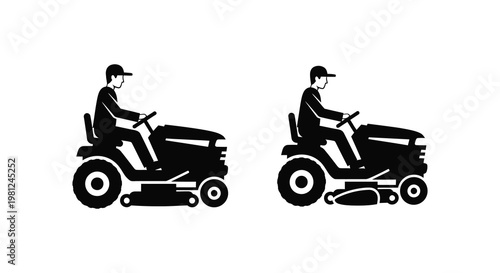 Two lawn mowers with riders depicted in a stark silhouette