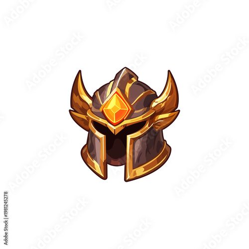 Fantasy warrior helmet with golden horns and glowing orange gem on white background.