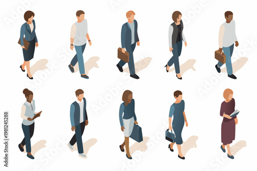 Isometric illustration depicting a diverse group of people walking forward