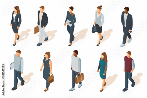 Isometric illustration depicting a diverse group of professionals walking forward