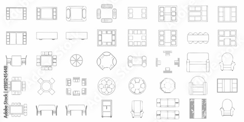 Overhead view of various furniture arrangements and interior design elements