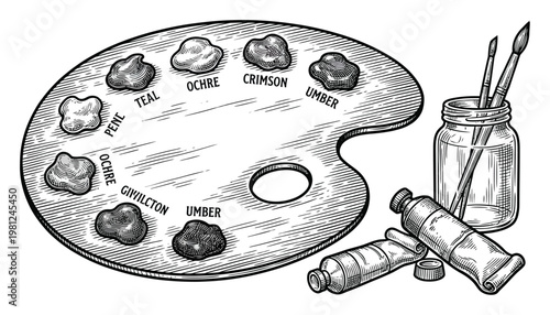 Vintage of an Artist's Palette with Paints, Brushes, and Jar