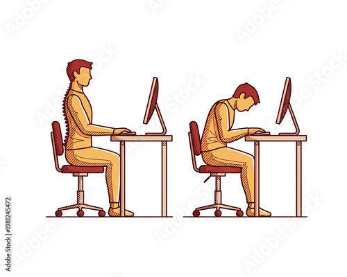Illustration comparing good and bad ergonomic posture while working at a computer desk.