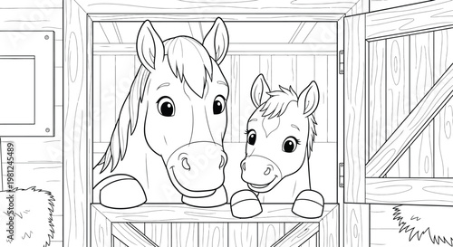 Cute horse and foal in stable coloring page for kids and toddlers