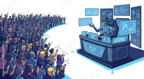 Statue of Liberty presenting news to a crowd of people