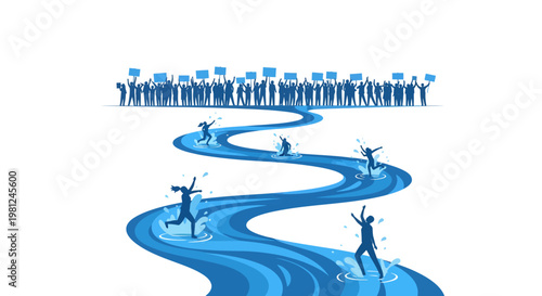 People following a winding path with joyful individuals leading the way