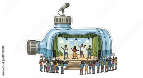 concert stage in a bottle with audience and band performing