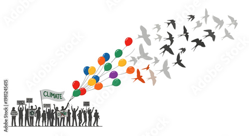 Climate Change Protest with Birds and Balloons