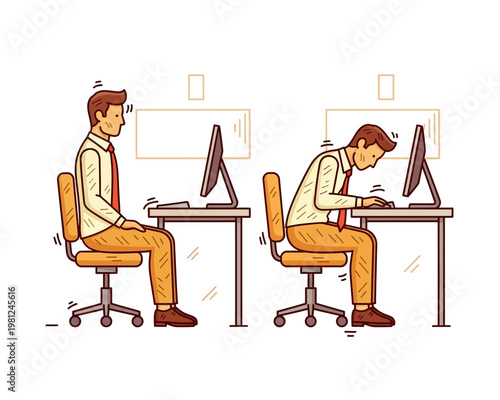 Illustration comparing good and bad ergonomic posture for office workers at computers.