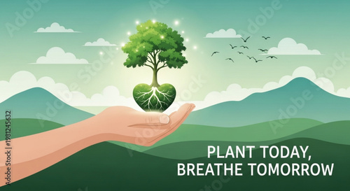 Hand holding green heart shaped tree with roots symbolizing eco friendly plant care and sustainability in a natural landscape with mountains and clouds