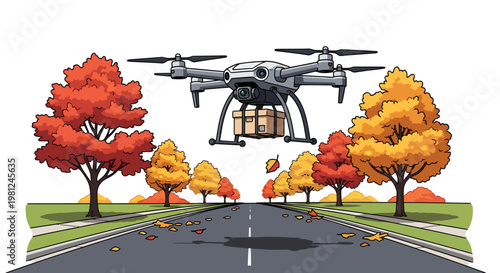 Drone flying over autumn road with colorful trees