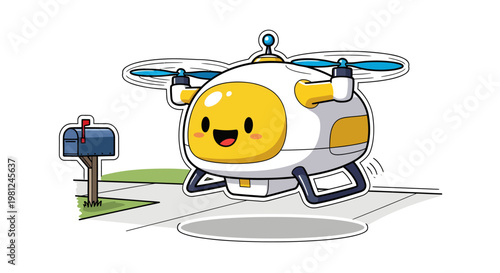Cute cartoon helicopter delivering mail with smiling face
