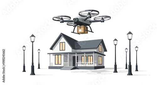 Drone delivering package to modern suburban home with street lamps