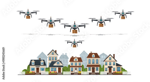 drones flying over suburban neighborhood houses