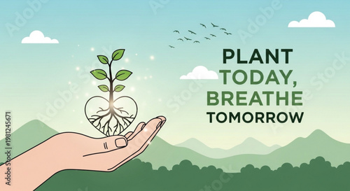 Hand holding a small plant with roots and green leaves symbolizing growth and environmental care against a scenic landscape background with mountains and a clear blue sky