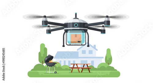 Drone flying over house with man and picnic table in backyard