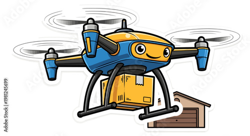 Cartoon drone delivering package to house