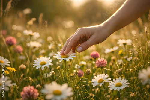 Hand holding a white daisy flower in a sunny meadow field