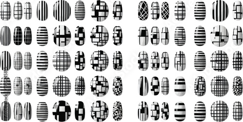 Abstract black and white pattern repeating elliptical shapes with linear textures