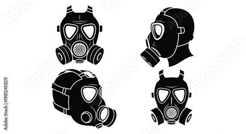 Four gas masks displayed in striking black silhouettes