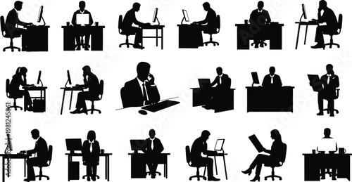 Diverse office workers engaged in various professional activities at desks with computers