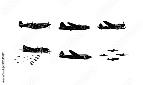 Vintage warplane vector silhouette illustration featuring world war two bomber and fighter