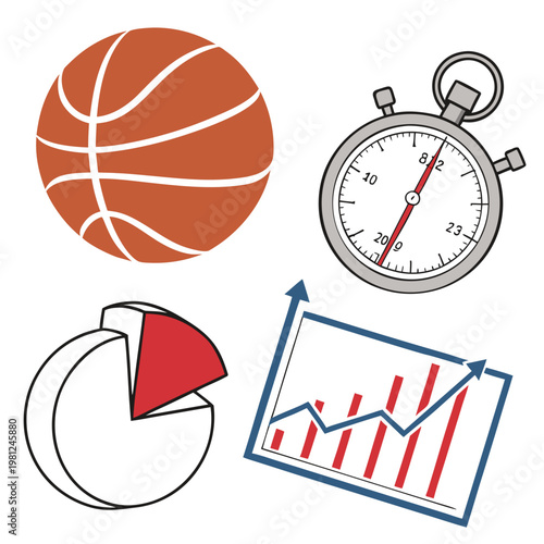 A colorful illustration displays a basketball stopwatch pie chart and line graph representing sports time data and analysis high quality professional detailed