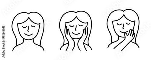 Female face expression icon set with calm, crying and shy emotions in clean outline style, simple woman portraits for feelings, mood, psychology, support and communication themes. Vector illustration.