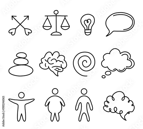 Thin line icon set with justice scales, light bulb, speech bubble, meditation pose, brain, spiral, cloud and human figures, minimalist symbols for mindfulness, thinking and ideas. Vector illustration.