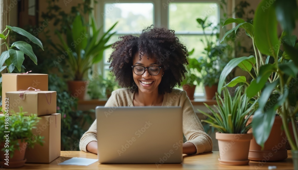 Obraz premium Happy woman with glasses shops online on laptop in houseplants and delivery boxes. Working from home, she smiles reviewing purchases, preparing orders for shipping, possibly a small business owner.