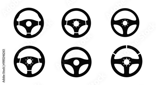 Six black steering wheels arranged on a white background silhouette