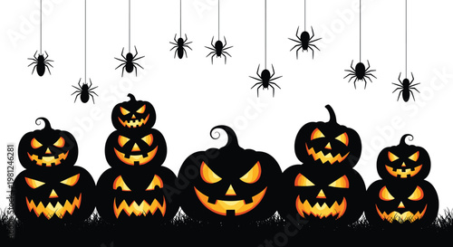 A spooky halloween scene depicts black silhouettes of pumpkins and spiders hanging from above high quality professional detailed modern elegant stylish
