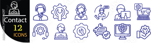 Customer Support Contact Icons Set – Technical Support, Help Desk, Call Center Line Icons