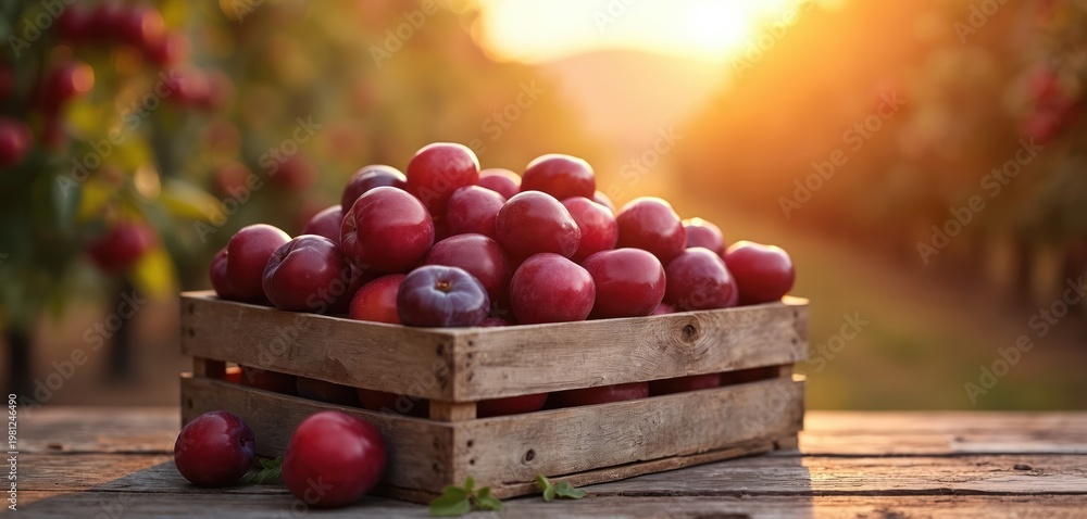 Fototapeta premium Wooden crate filled with ripe red plums sits on a rustic table. Soft golden sunset light shines on the fresh fruit harvest in an orchard setting.