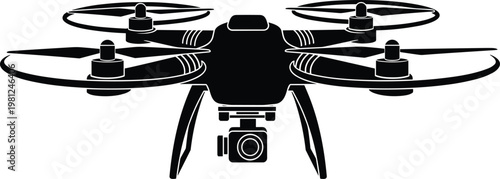 A black silhouette of a modern quadcopter drone is shown from a low angle highlighting its design high quality professional detailed