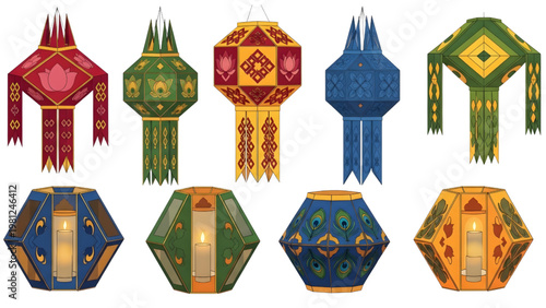 Traditional Sri Lankan Vesak Lantern Vector Set, Modern Geometric Festival Lamp Decorations, Cultural Buddhist Celebration Ornaments Isolated on White Background