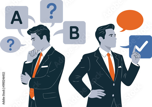 Man contemplating choices then confidently selecting a solution