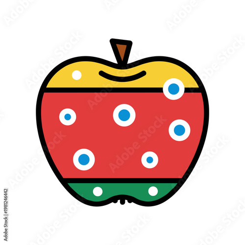 A brightly colored apple is playfully adorned with polka dots in a modern design.