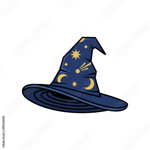 A magical blue wizard hat is decorated with shining stars and crescent moons.