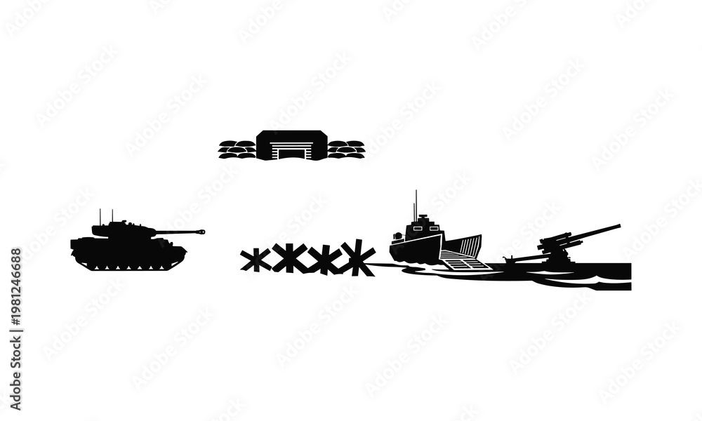 Fototapeta premium World war landing silhouette vector featuring tank bunker and landing craft illustration art