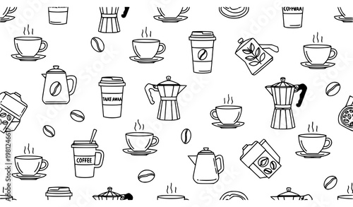 Coffee Seamless Pattern Brown Outline Barista Cafe Vector Background